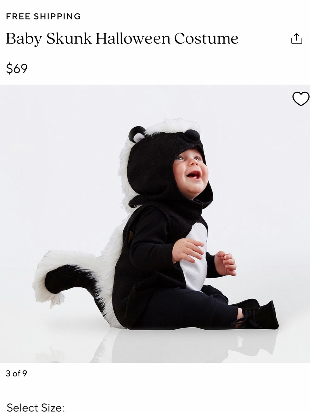 Pottery Barn 6/12 Baby Skunk Halloween Costume - Black & White
